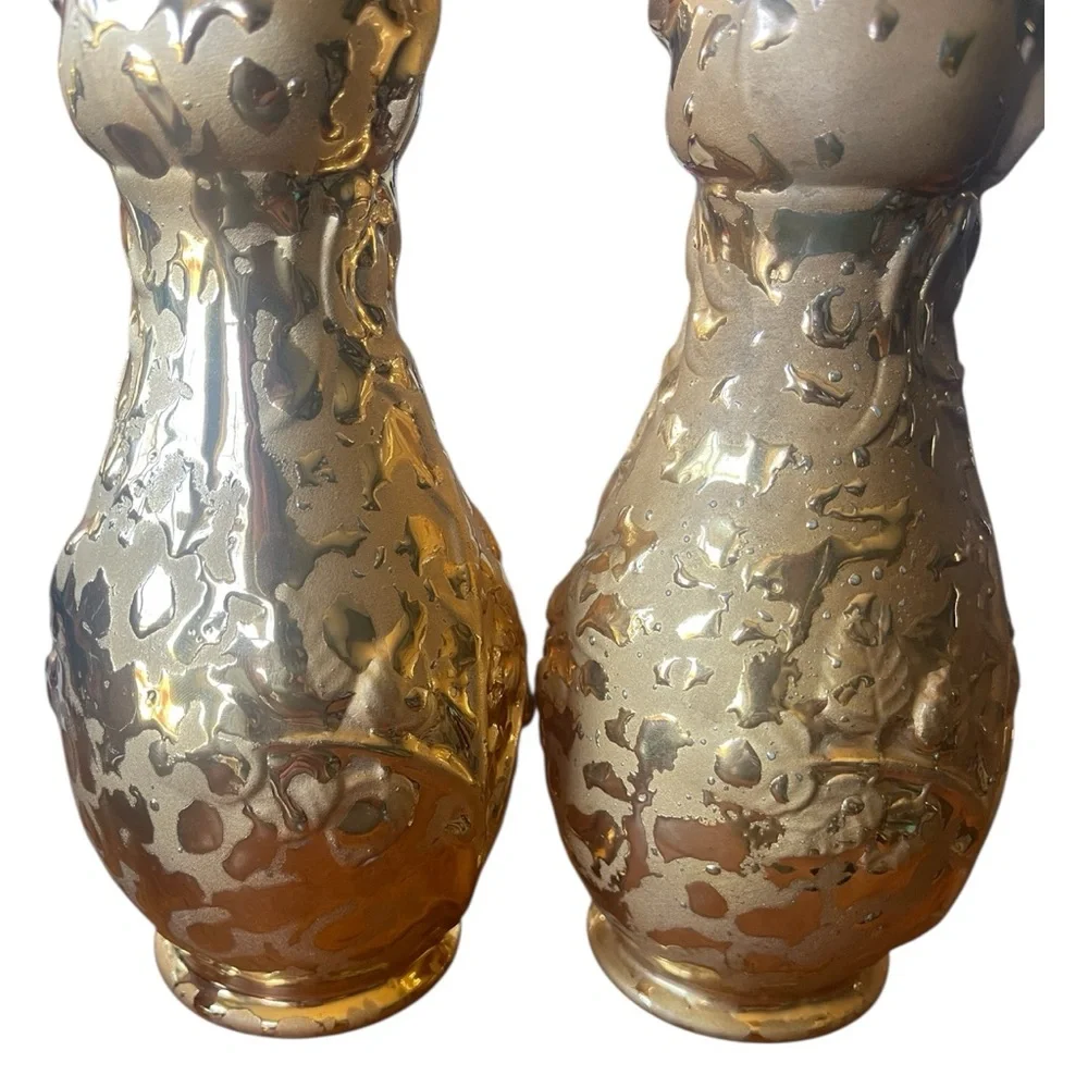 Vtg Weeping 24K Gold Embossed Vases Ceramic Pair 7.5